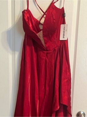Red Satin Prom Dress with Crisscross Back